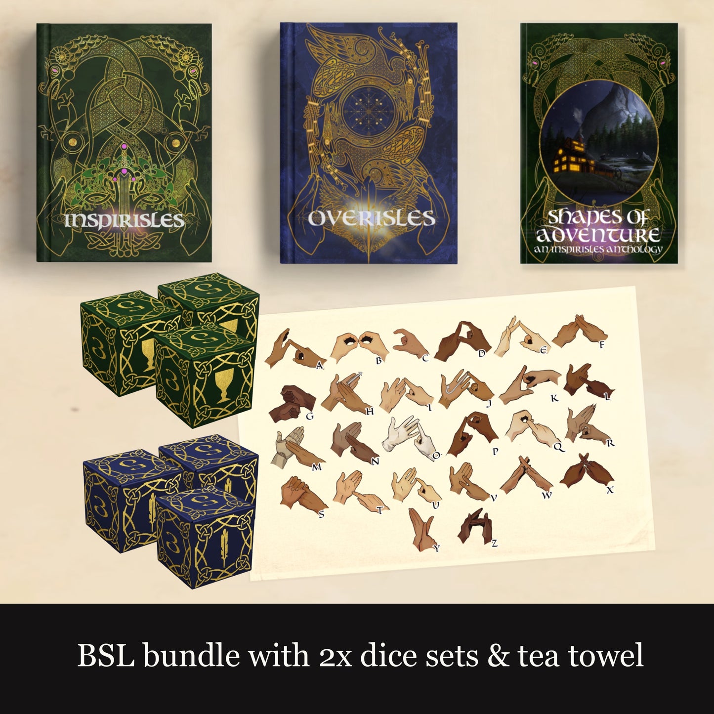 3x RPG books, 2x dice sets, 1x alphabet tea towel.