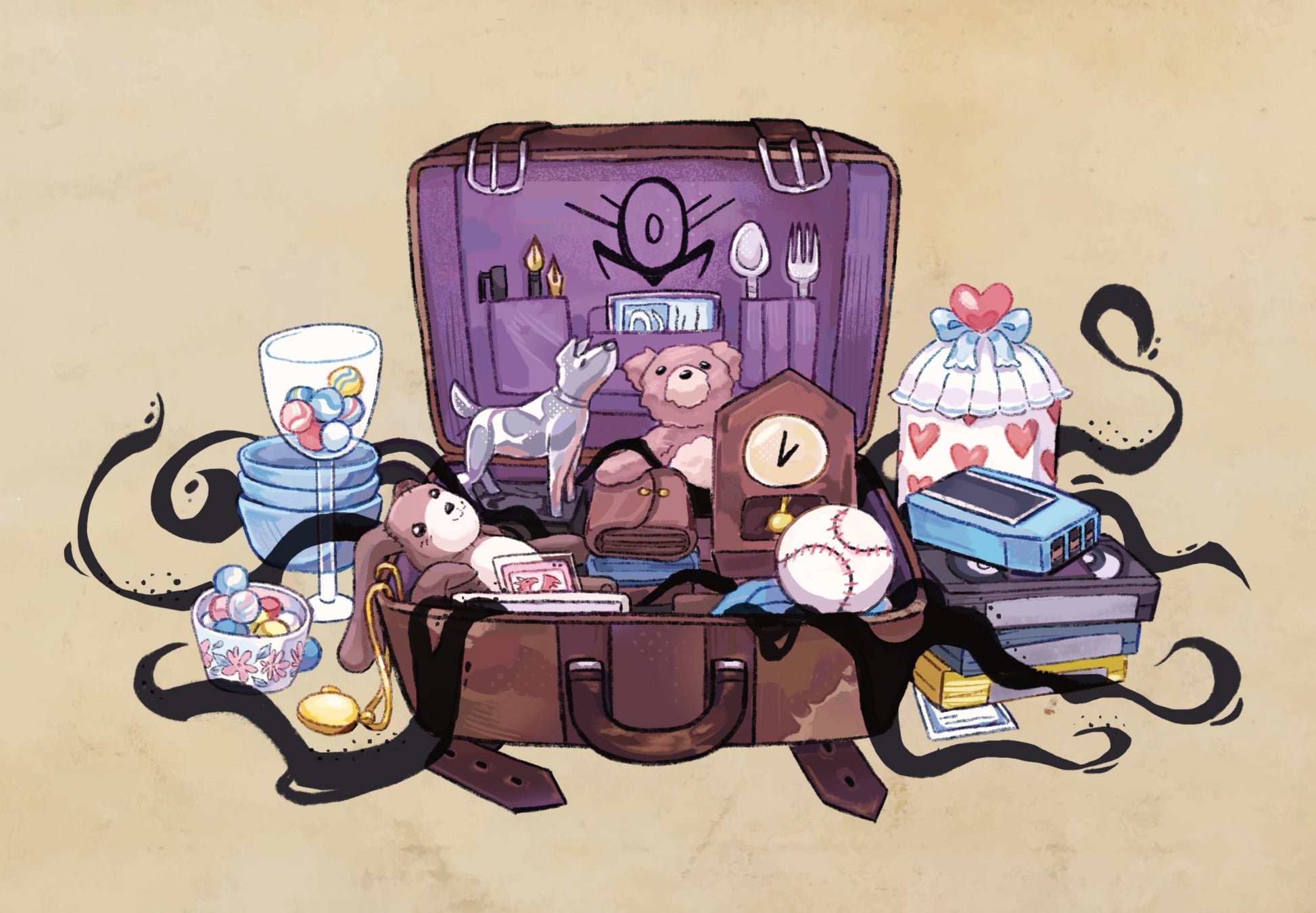 Cryptid Creeks RPG eldritch suitcase spilling open with cursed items