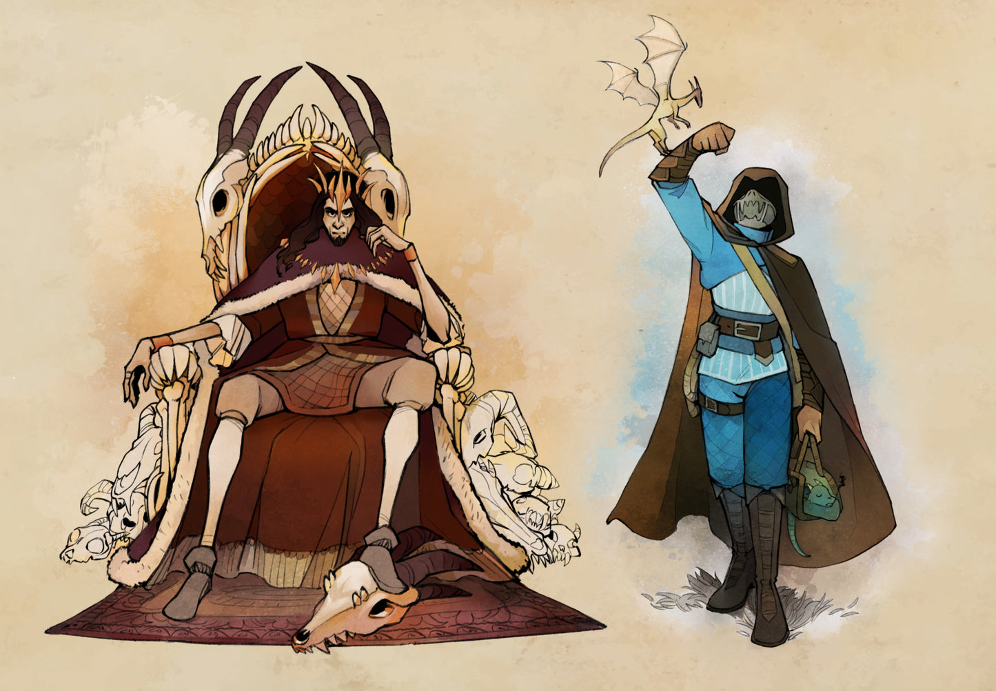 Dragon Dowser card game villain on throne and character with mask, cloak and baby dragons