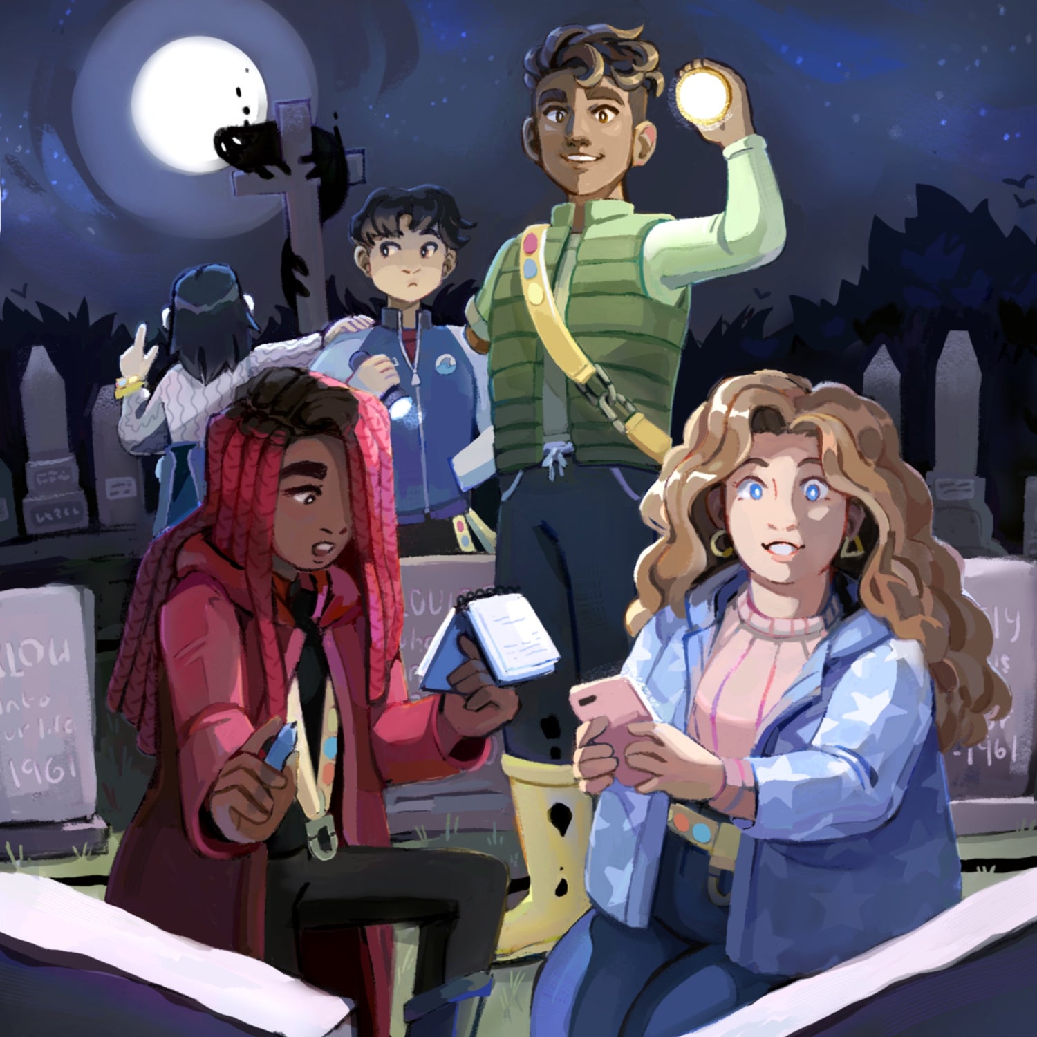Teens in graveyard solving mystery from Cryptid Creeks TTRPG