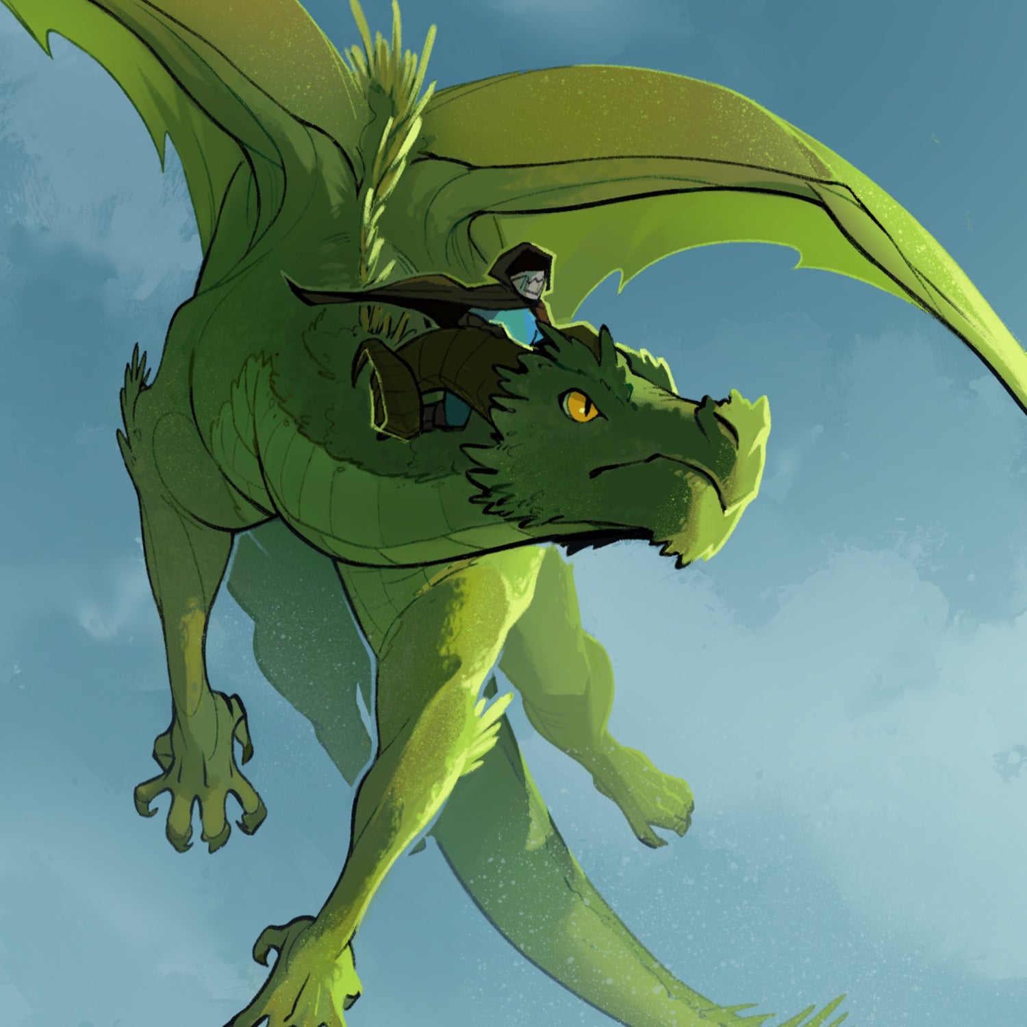 Cloaked figure riding green dragon from Dragon Dowser solo TTRPG