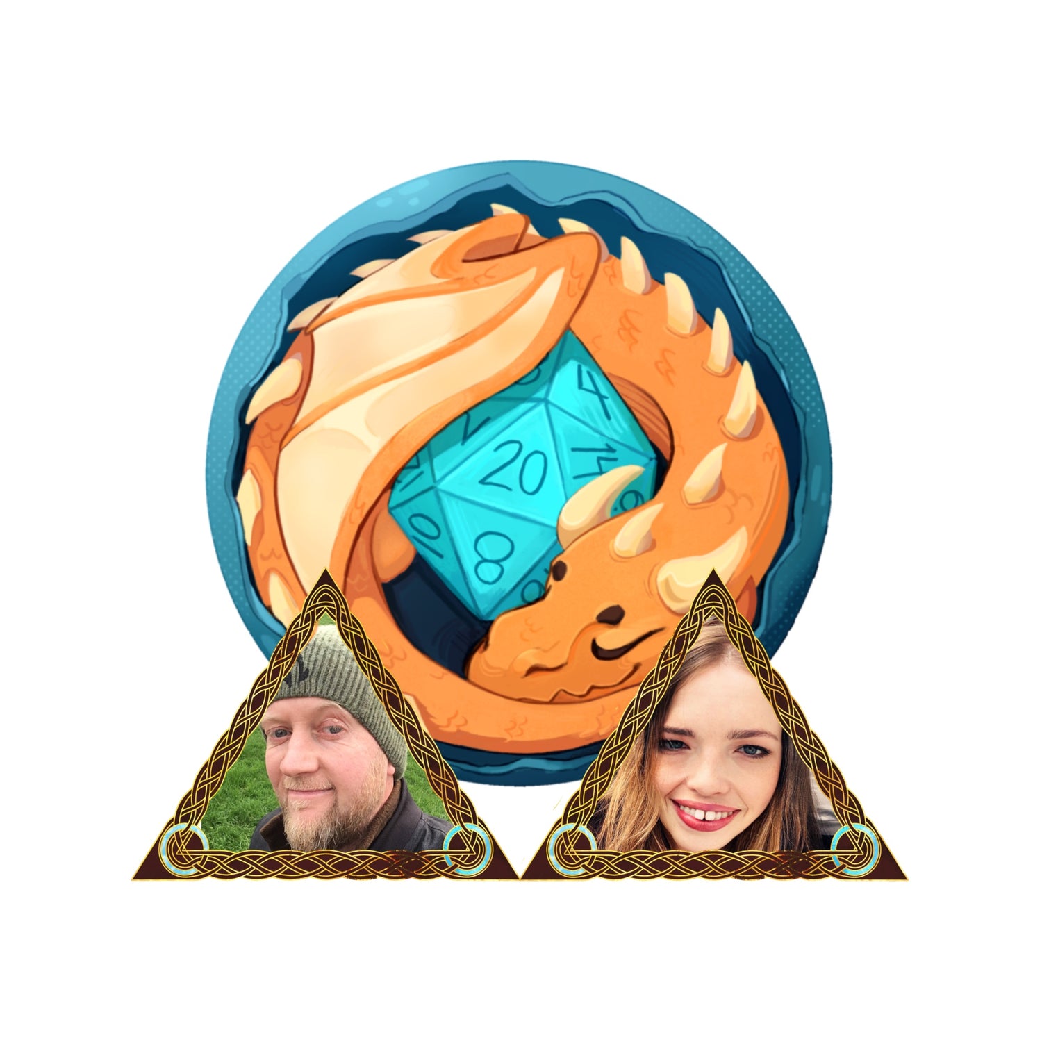 Portraits of Rich and Kathryn Oxenham with our logo featuring dragon wrapped around d20 die