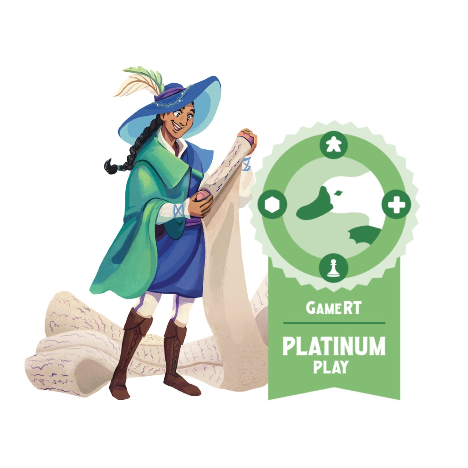 Scriv the Bard in wide-brimmed hat and cloak reading a scroll from Inspirisles RPG