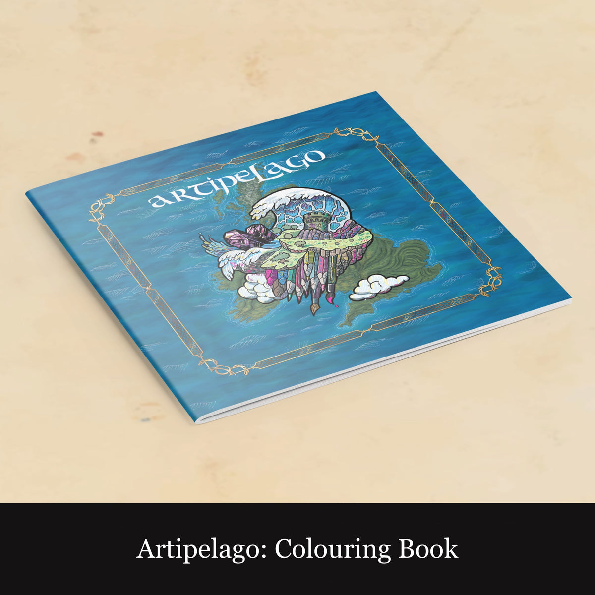 A square hardcover coloring book titled 'Artipelago: Colouring Book' shown at an angle on a light beige surface. The cover features a blue ocean-themed illustration with a jellyfish, clouds, and decorative border lines.