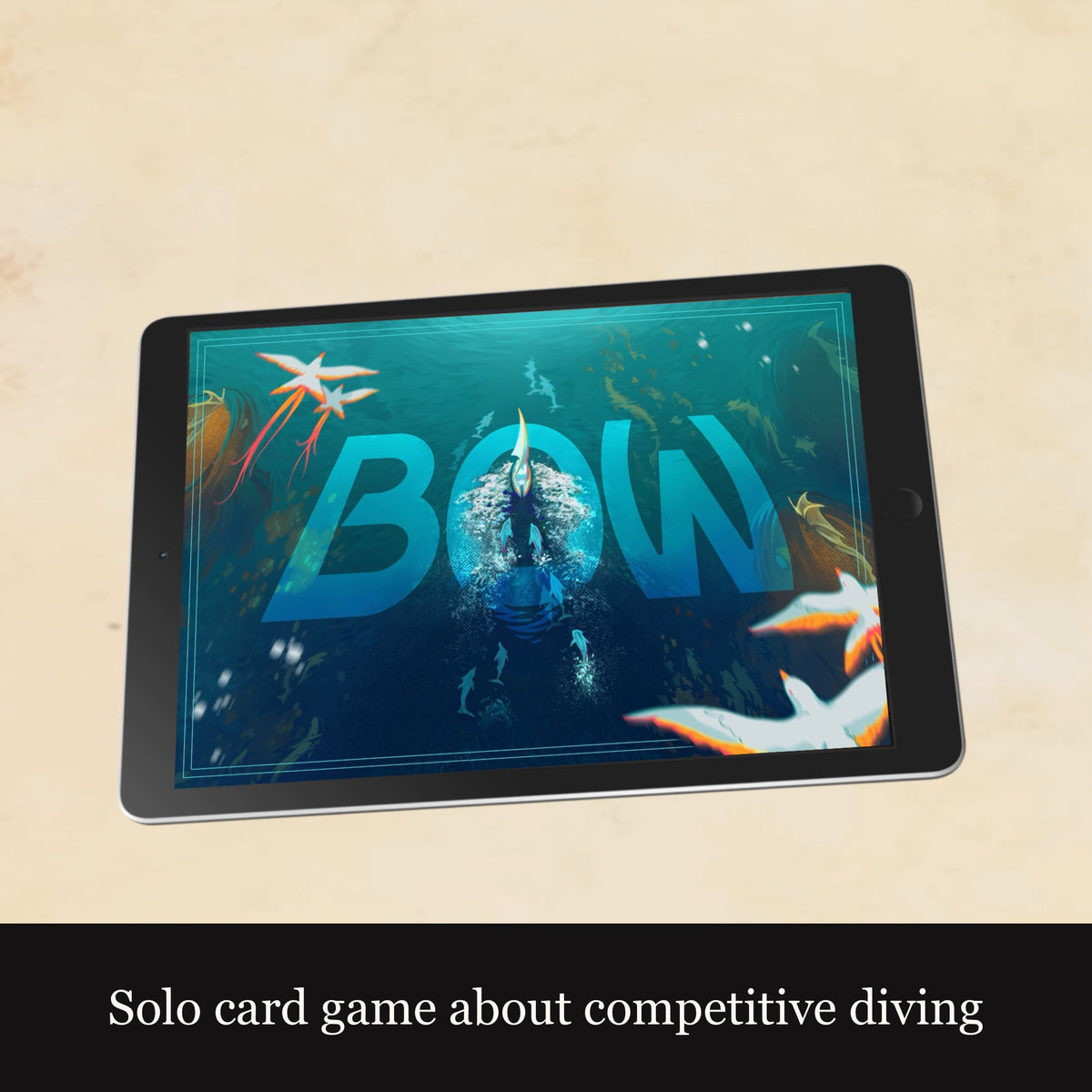 boat cutting through water surrounded by wildlife. Mockup of tablet.