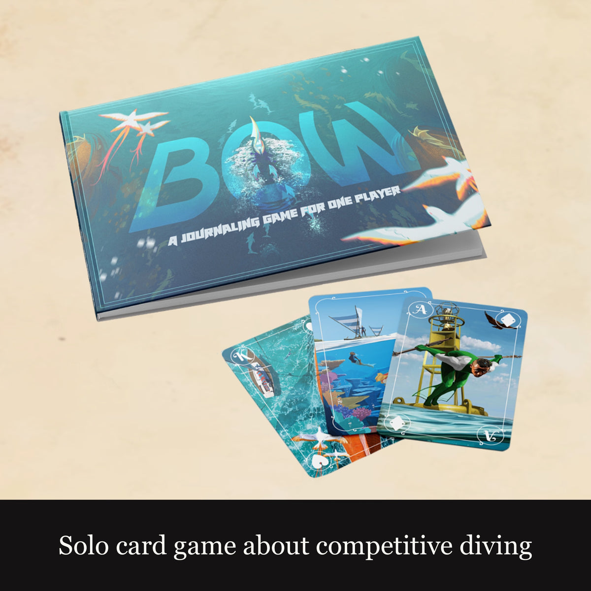 Card game packaging with cards featuring diving-themed illustrations on a beige background