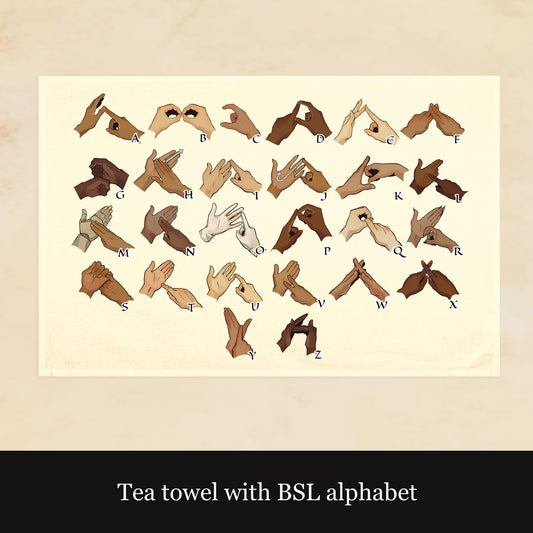 Tea towel with BSL (British Sign Language) alphabet on a beige background