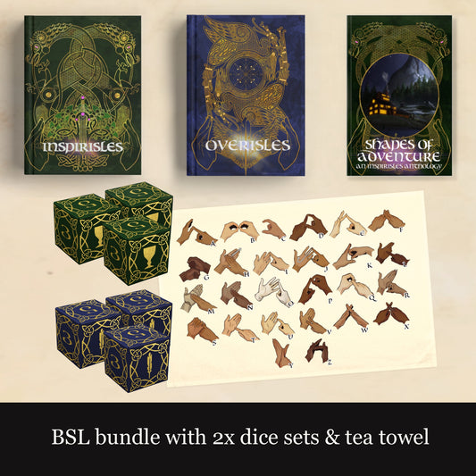 3x RPG books, 2x dice sets, 1x alphabet tea towel.