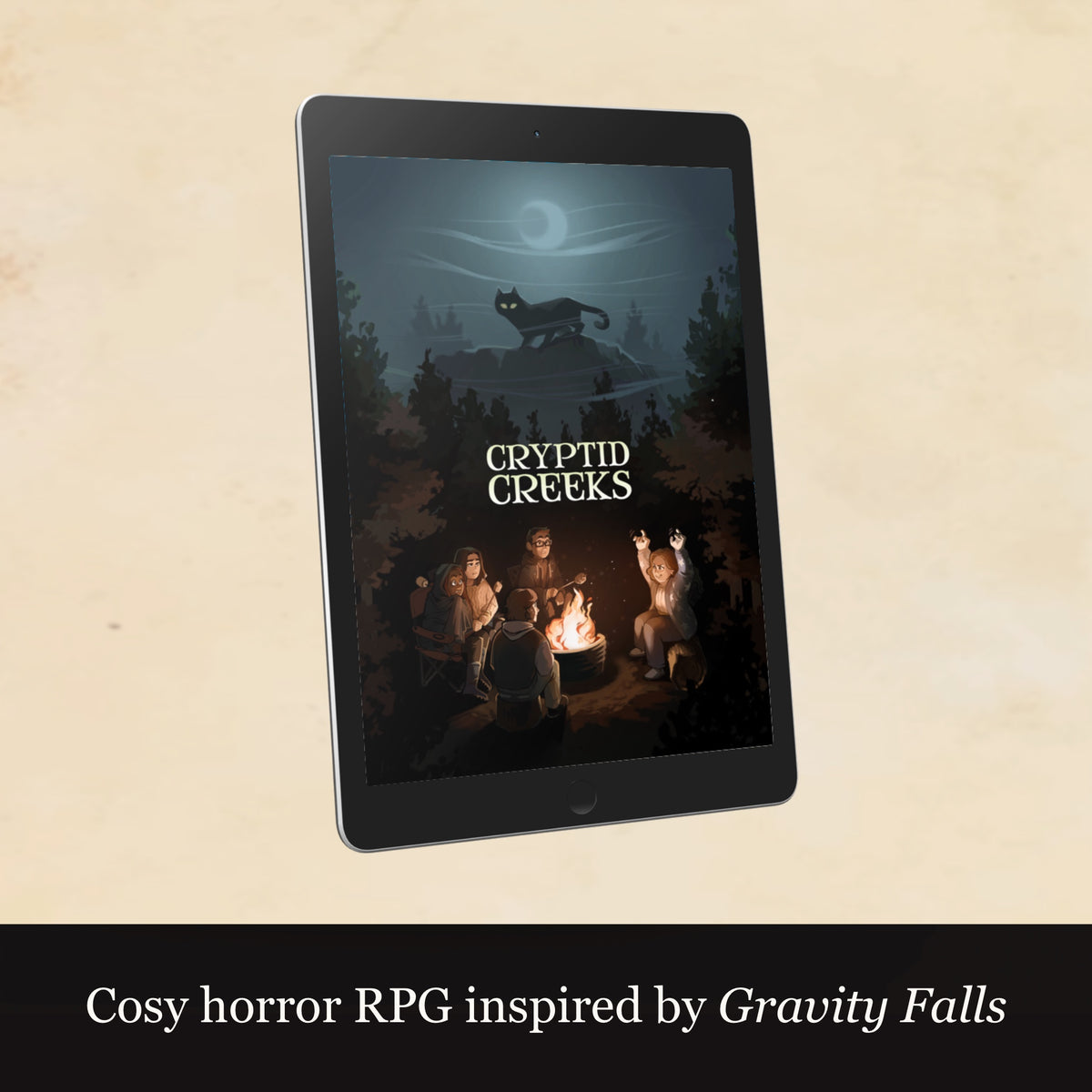 Tablet displaying the cover of 'Cryptid Creeks' with a group of people around a campfire in a forest.