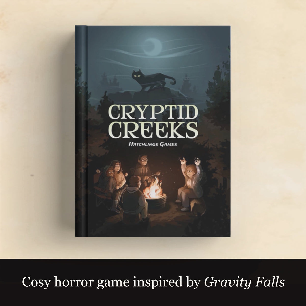 Cover of the Cryptid Creeks RPG book showing a group of characters by a campfire in a dark forest setting with a moon and trees in the background.