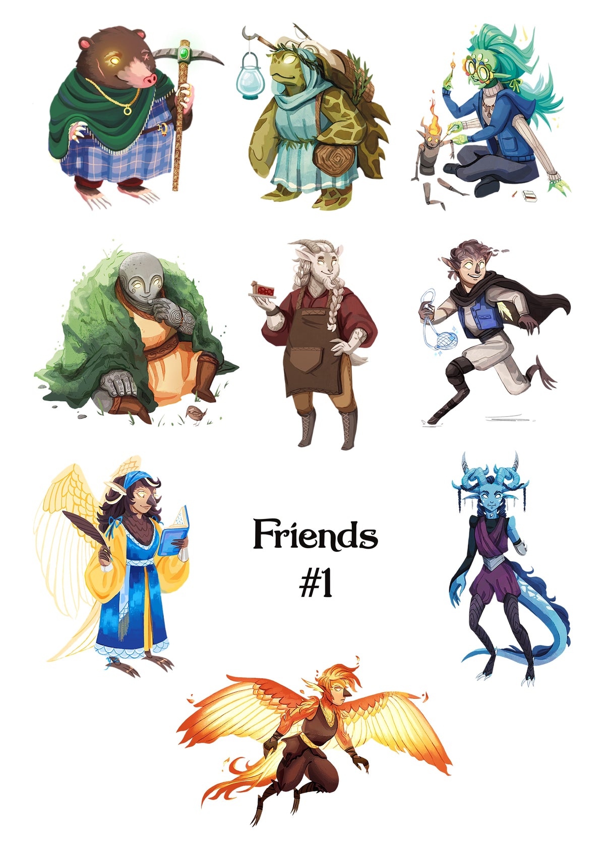 A sheet of illustrated fantasy characters arranged on a white background with the text 'Friends #1' in the center. The characters include a bear with a pickaxe, a turtle-like figure with a lantern, a blue-haired figure with a campfire, a green-bearded figure, a warrior, a winged figure in blue and yellow, a blue horned figure, and a fiery winged figure.