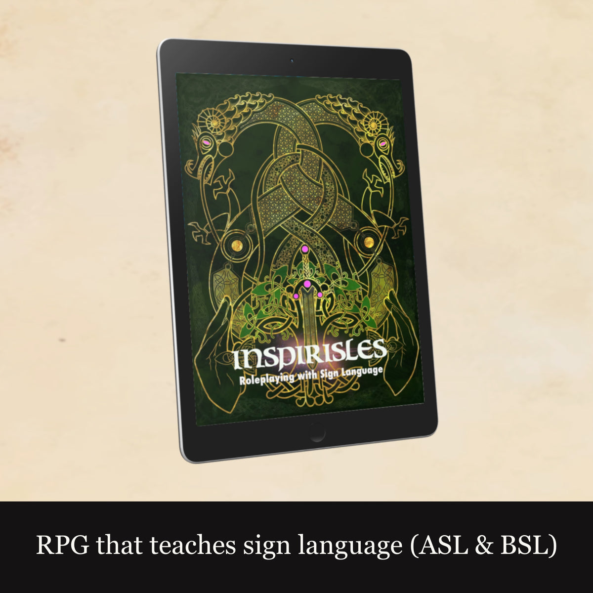 Tablet displaying an RPG app with a dragon design on a beige background