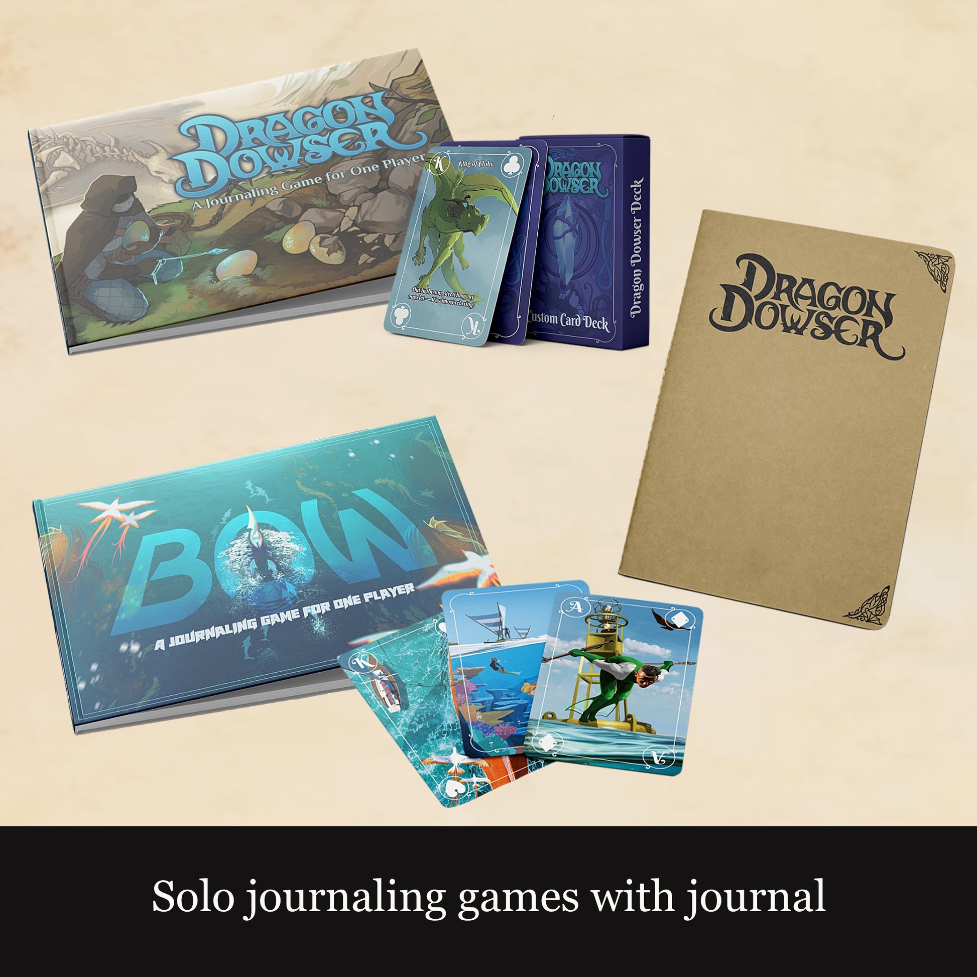 Mockups of journaling games with card decks and journal