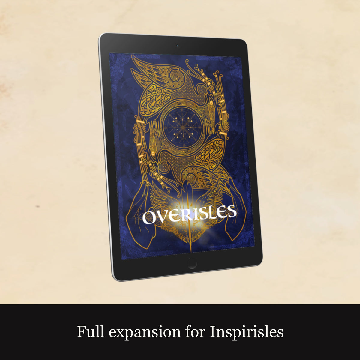 Tablet with 'Overisles' app interface on a beige background