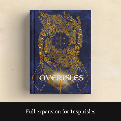Cover of the product 'Overisles' featuring intricate gold knot art and text on a blue background, indicating it is a full expansion for Inspirisles tabletop roleplaying game.