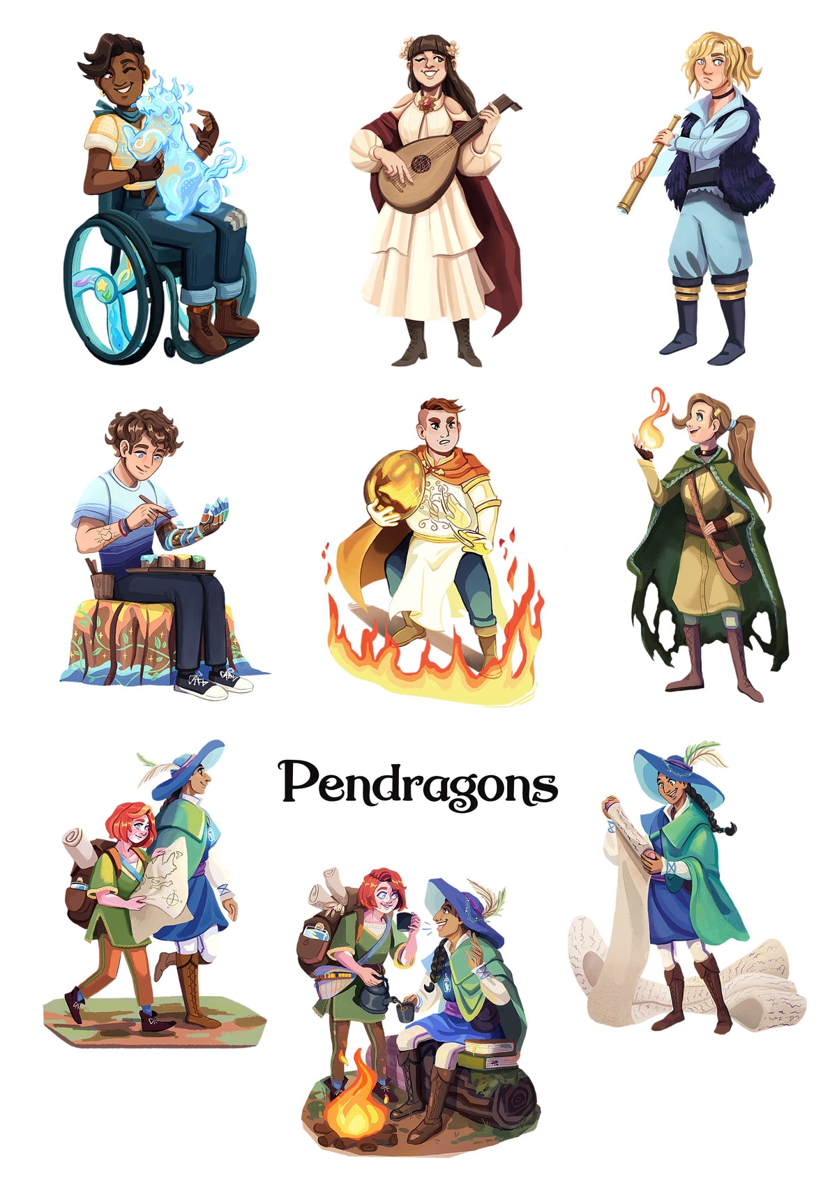 A 3x3 grid of fantasy character illustrations with the word 'Pendragons' centered below. The characters wear colorful medieval or fantasy clothing and include one in a wheelchair, one playing a lute, one holding a bow, one seated with glowing blue orbs, one standing in flames, one in a green cloak, and several others around a fire.