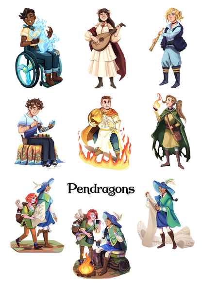A 3x3 grid of fantasy character illustrations with the word 'Pendragons' centered below. The characters wear colorful medieval or fantasy clothing and include one in a wheelchair, one playing a lute, one holding a bow, one seated with glowing blue orbs, one standing in flames, one in a green cloak, and several others around a fire.
