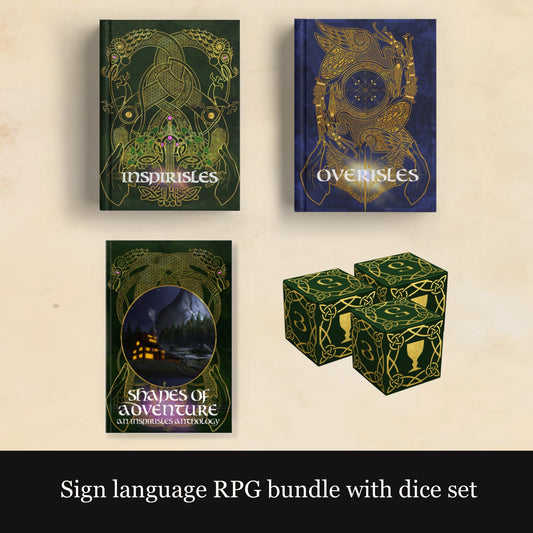 Sign language RPG bundle with dice set on a beige background