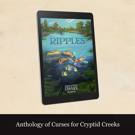 Tablet displaying the cover of 'Ripples' from 'Cryptid Creeks' on a beige background