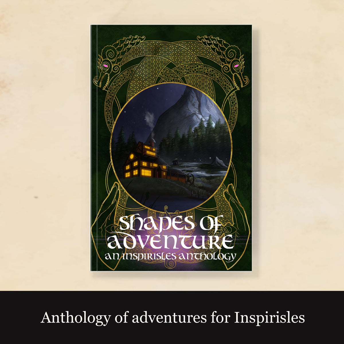 Cover of the product 'Shapes of Adventure', featuring a circular window with a scene inside, surrounded by green decorative elements, indicating it is an anthology of adventures for Inspirisles tabletop RPG.
