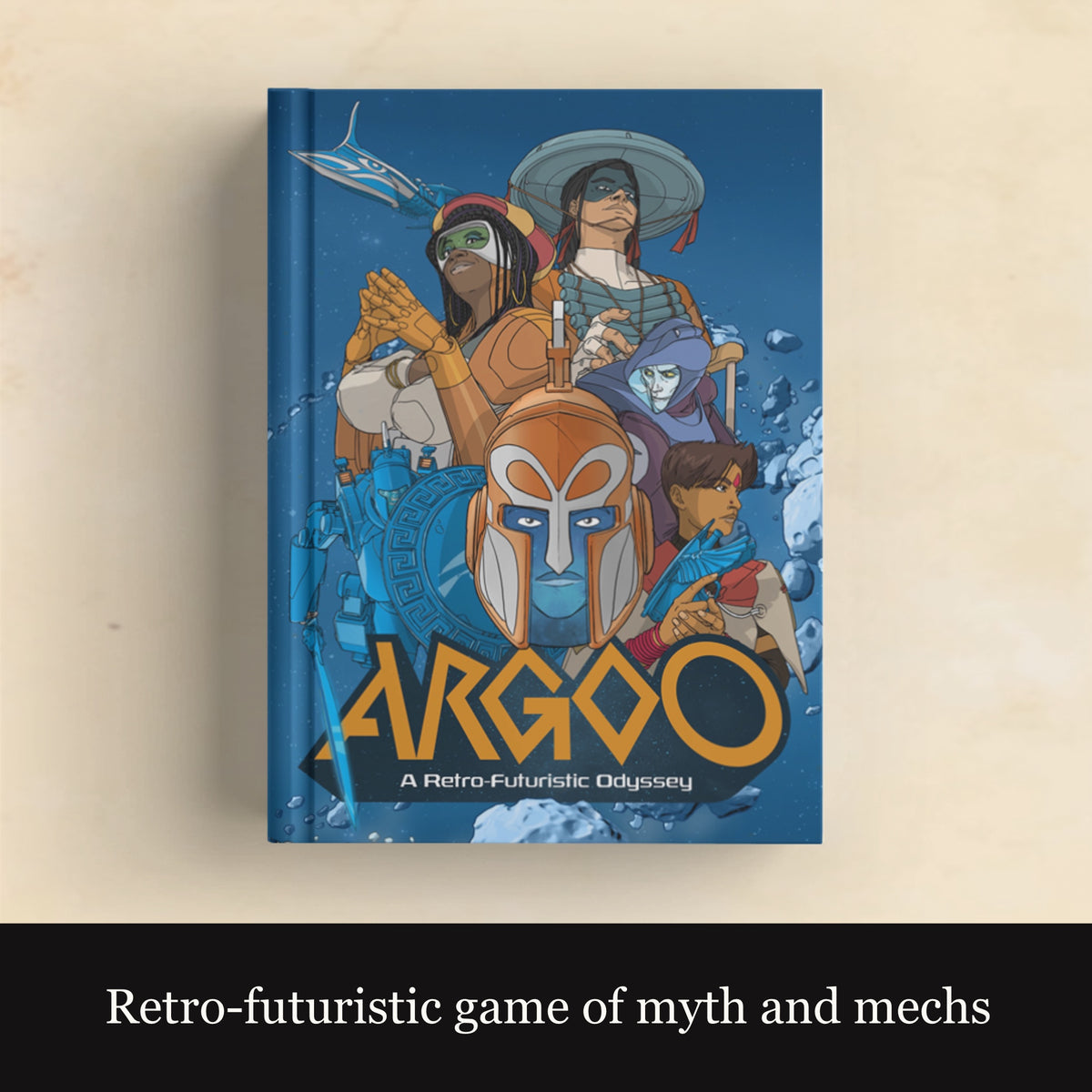 Cover art for the tabletop role-playing game 'Argo-0' featuring illustrated characters and mecha against a space-themed backdrop, indicating a blend of myth and mechs.