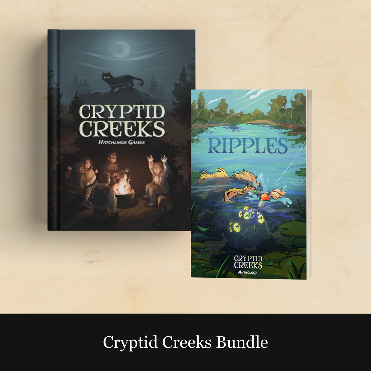 Two Cryptid Creek-themed booklets or boxes shown on a light beige background with a black banner reading 'Cryptid Creek Bundle.' The left item is a dark illustrated cover titled 'Cryptid Creek' with a cat and campfire scene; the right item is a colorful illustrated cover titled 'Ripples' with a frog and pond scene.