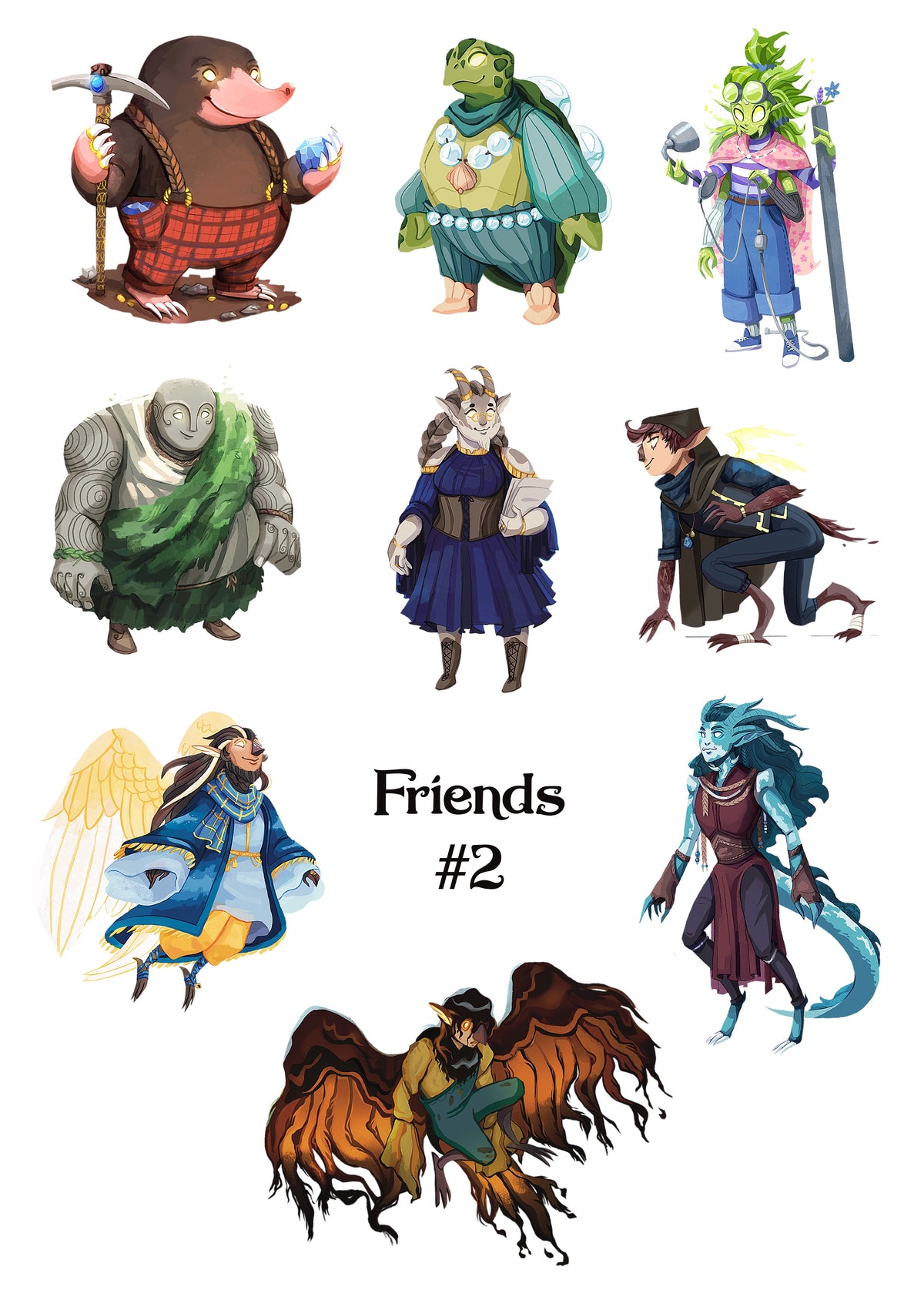 A sheet of fantasy character illustrations arranged on a white background with the text 'Friends #2' in the center. The characters include a brown ape-like figure, a green turtle-like creature, a green humanoid with a sword, a stone-skinned figure, a horned warrior in blue, a dark-haired rider, a winged figure in blue, and a blue dragon-like creature.
