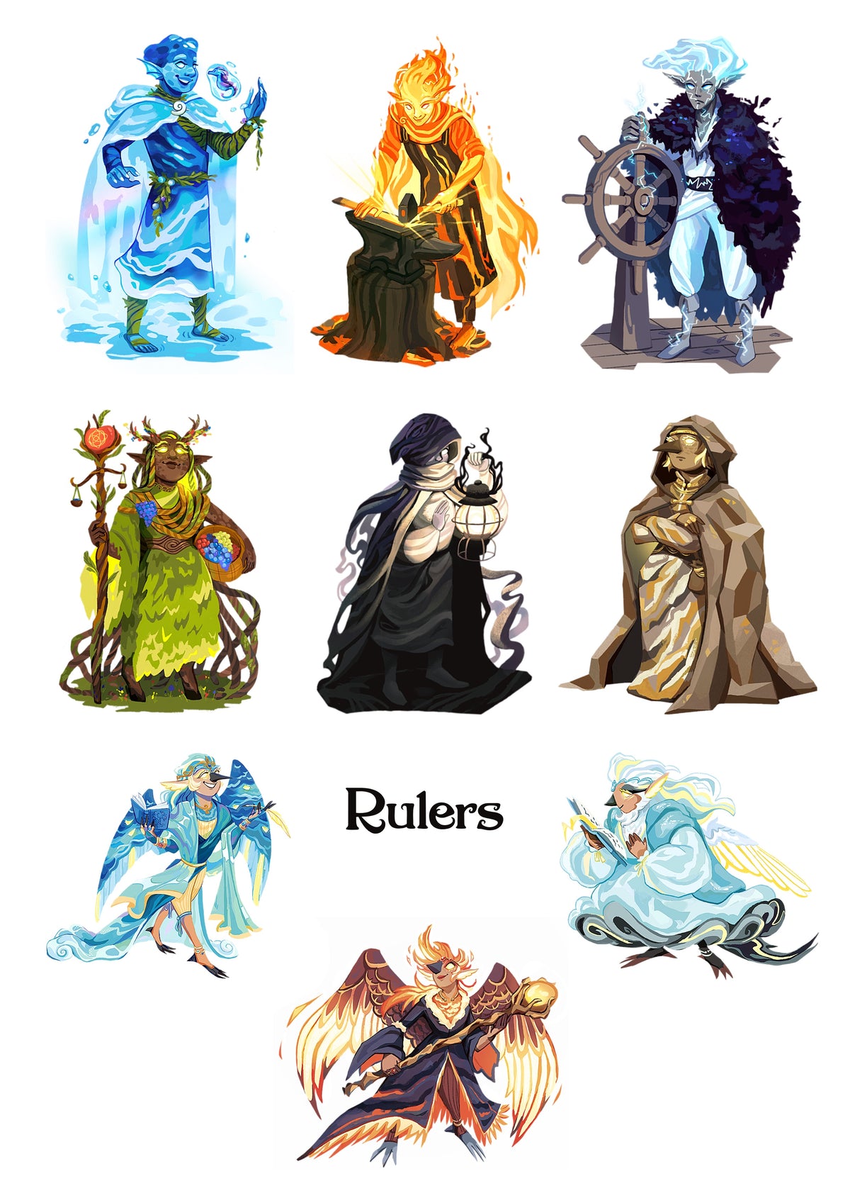 A sheet of nine fantasy character illustrations arranged in a grid on a white background, with the word 'Rulers' centered below the top row. The characters depict different elemental rulers: ice, fire, sea, earth, death, royalty, and other fantasy figures in colorful robes and armor.