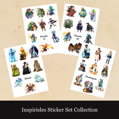 Four sheets of character stickers arranged on a beige background with a black banner at the bottom reading 'Inspirisles Sticker Set Collection'. The stickers feature various fantasy characters, animals, and scenes, with labels such as 'Friends #1', 'Friends #2', 'Riders', and 'Pere Dragons'.
